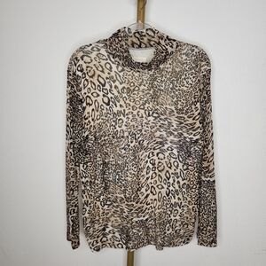 Chicos 3 Long Sleeve Mesh Mock Neck Top Womens Size XL Leopard Print Ruched